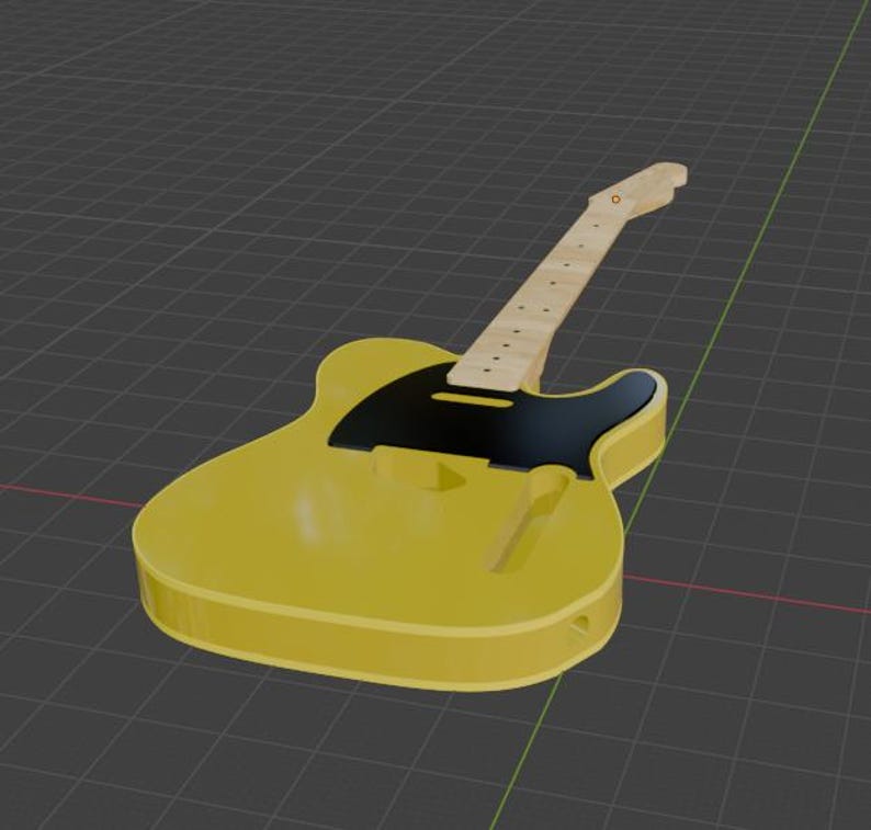 Puede incluir: Una guitarra el&eacute;ctrica amarilla con un golpeador negro y un m&aacute;stil de color claro. El cuerpo de la guitarra es de color amarillo liso, y el m&aacute;stil tiene marcadores de traste. La guitarra est&aacute; sobre un fondo de cuadr&iacute;cula gris.