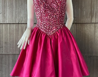 Vintage 80s Mike Benet Sequin Keyhple Cutout Party Prom Princess Pink Dress