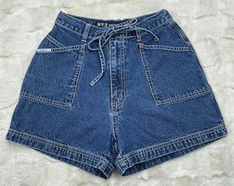 Vintage 90er Jahre RVT Jeans Shorts Hohe Taille Gürtel-Logo Retro Klassisch Küsten Mom