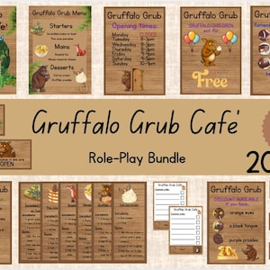 Op de afbeelding: Een digitale rollenspelbundel voor een Gruffalo Grub Cafe, met menu's, openingstijden en thematische borden. De set bevat 20 pagina's met illustraties van personages en voedsel. De tekst bevat de naam van het café.