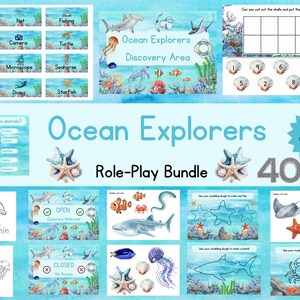May include: A 40-page digital download Ocean Explorers role-play bundle featuring watercolour illustrations of sea life, including sharks, turtles, and jellyfish, with educational activity sheets, labels, and signs with text like Ocean Explorers.