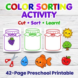 Pode incluir: Uma atividade de classificação de cores imprimível de 42 páginas para pré-escola com o texto COLOR SORTING ACTIVITY Cut Sort Learn. Inclui três potes rotulados como purple, green, red, e recortes de sol, árvore, tesoura, gota, peixe e maçã.