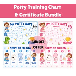 Peut inclure: Un ensemble de tableaux d'apprentissage de la propreté et de certificats comprenant deux jeux de tableaux My Potty Race et des guides Steps to Follow. Les graphiques incluent des illustrations d'enfants sur le pot, un dinosaure, une licorne et des trophées.