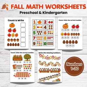 May include: A set of five educational math worksheets for preschool and kindergarten featuring fall themes. The pages include activities like counting, writing numbers, and coloring, with illustrations of pumpkins, apples, leaves, acorns, and pinecones.