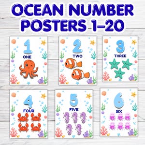 Posters med havsnummer 1-20, dekorationer för klassrum, posters med siffror för förskola, utskrivbara hemundervisning, lärande för småbarn, posters med siffror för klassrummet