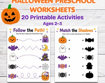 Könnte beinhalten: Halloween-Arbeitsblätter für Vorschulkinder mit 20 druckbaren Aktivitäten für 2- bis 3-Jährige. Die Seiten enthalten Follow the Path-Linienübungen und Match the Shadows-Spiele mit bunten Illustrationen von Kürbissen, Geistern, Fledermäusen, Spinnen und Süßigkeiten.