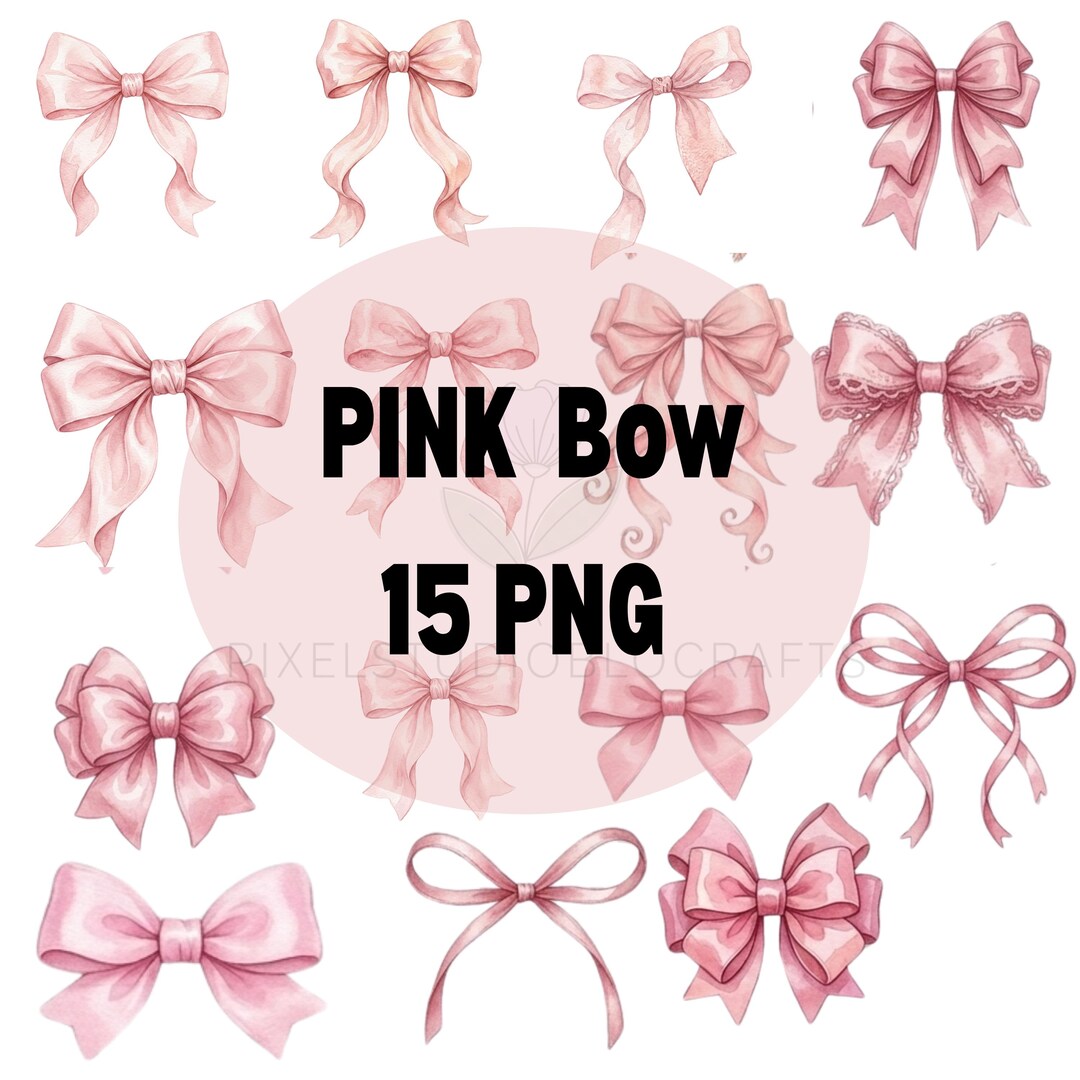 Pink Watercolor Bow Clipart Bundle, Coquette Ribbon PNG Designs (15 ...