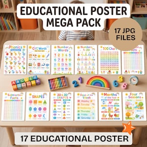 May include: A collection of 17 educational posters featuring colourful charts for phonics, numbers, shapes, days of the week, months, and seasons. The set includes alphabet blocks, crayons, a wooden rainbow, and number figures on a wooden table.