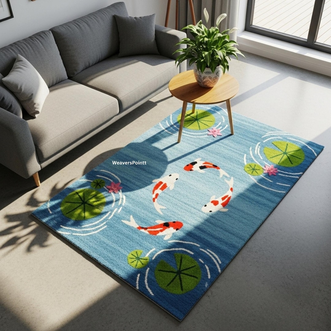 Pond/water Rug Koi Fish Pond Area Rug | Blue Water Lily Pad Carpet | Japanese Inspired ...