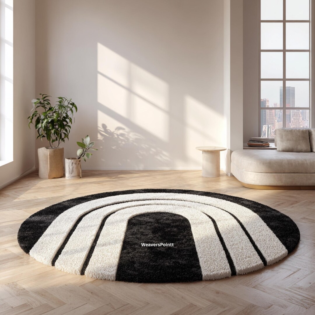 Round Arch Rug Modern Arch Round Rug | Black & White Plush Wool Carpet - Etsy