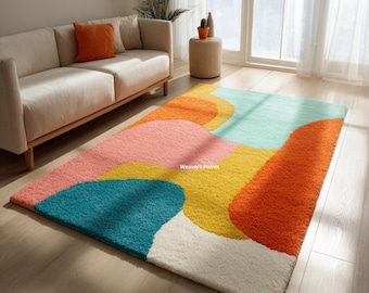 Colorful Abstract Rug | Modern Living Room Carpet | Multicolor Handmade Tufted Area Rug | Contemporary Boho Decor