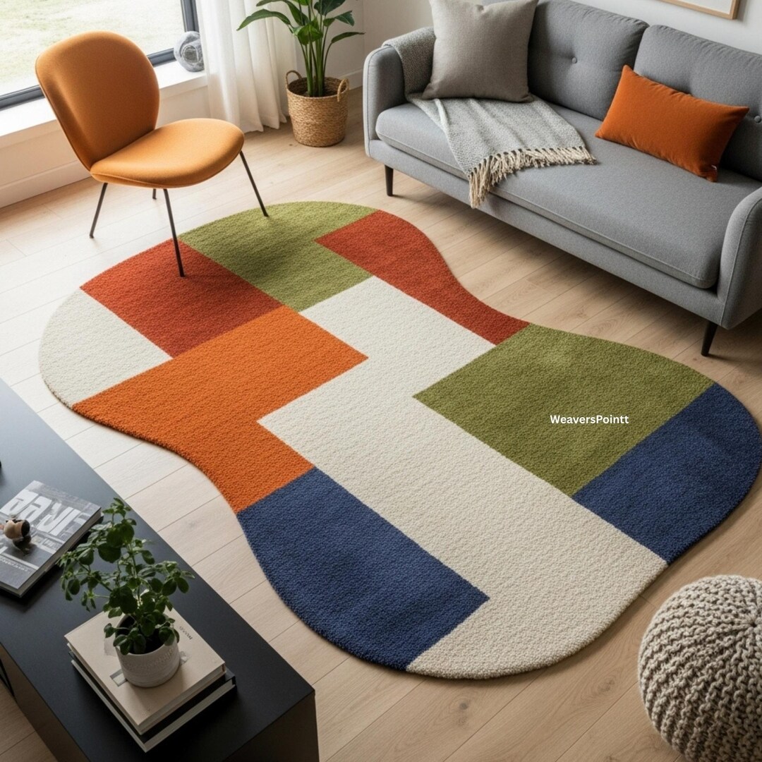 Irregular Shape Multi Color Block Design Rug | Modern Curved Shape Rug ...