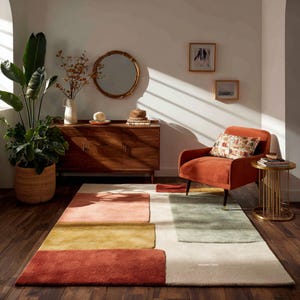 May include: A rectangular area rug featuring a geometric pattern of large, solid-colored blocks in shades of terracotta, mustard yellow, sage green, and cream. The rug has a soft, tufted texture and is positioned on a dark wood floor in a room.