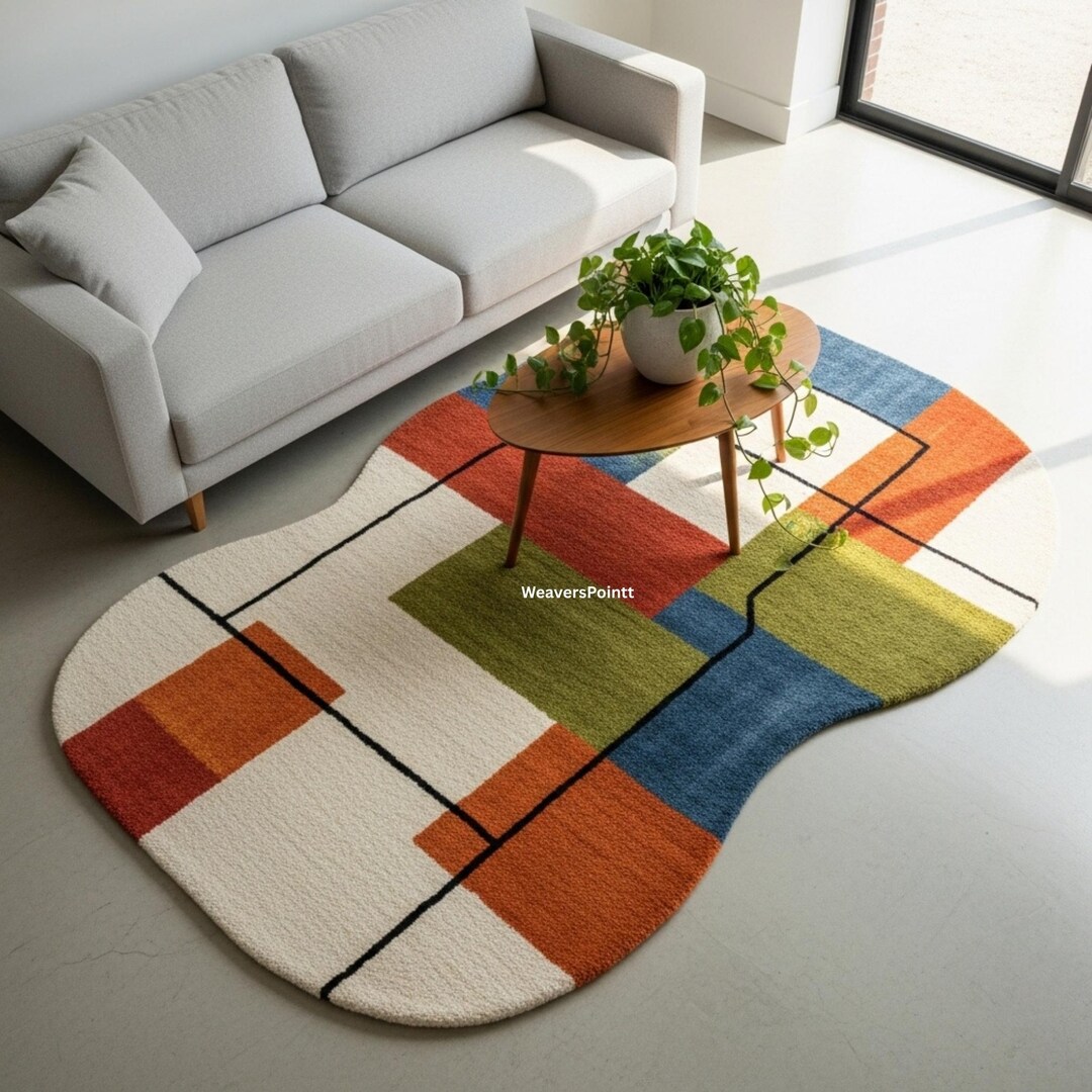 Orange, Green & Blue Color Block Design | Modern Curved Shape Rug ...