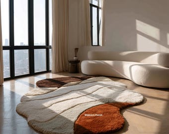 Organic Shape Modern Rug | Orange & beige Abstract Earth Tone Carpet | Hand-Tufted Wool Area Rug