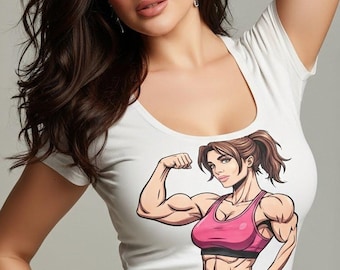 Koszulka z motywem silnej, wysportowanej kobiety | Ilustracja kulturystki | Koszulka z mangą fitness | Koszulka do ćwiczeń
