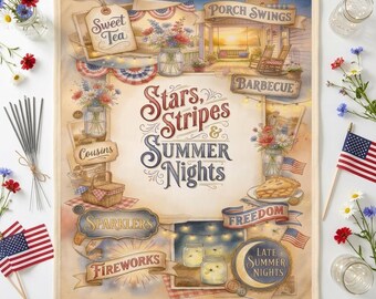 Manta decorativa con estrellas, rayas y noches de verano / Decoración patriótica de estilo rústico / Manta americana para el porche / Detalle decorativo para el hogar en verano