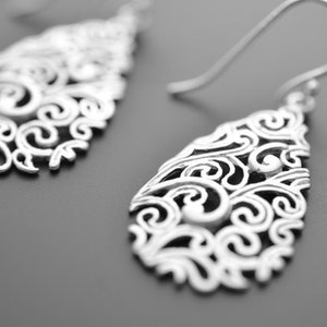 Paisley Drop Silver Earrings, Wedding jewelry, Vervain jewelry, Bridal earrings, Mother's gift, Cocktail jewelry, Clip earringsMother Gift,