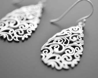 Paisley Drop Silver Earrings, Wedding jewelry, Vervain jewelry, Bridal earrings, Mother's gift, Cocktail jewelry, Clip earringsMother Gift,