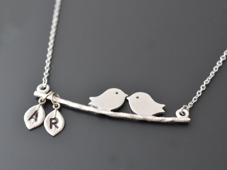 Personalized initial a kissing birds on branch gold necklace.Mother Gift,