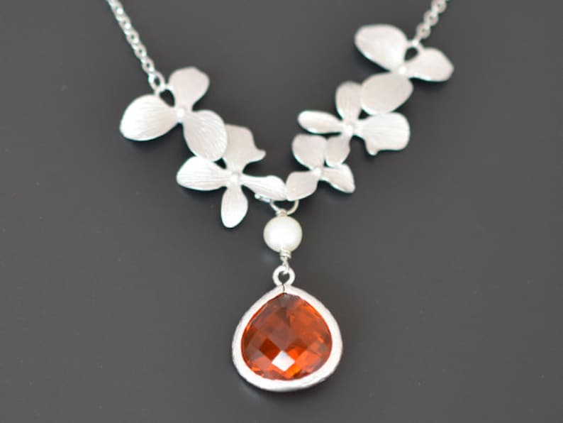 Silver necklace Wedding necklace,Flower girl necklace,Bridal necklace,Pearl necklace,tmj00103 Beautiful orchids pearl and Orange necklace