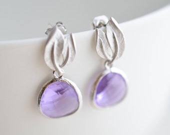 Lilac leaf earrings, Post earrings, Silver earrings, Bridal earrings,Wedding jewelry,Anniversary gift,Glass earrings,Christmas gift