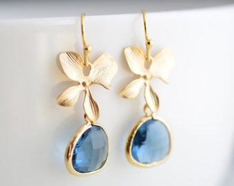 Orchid and sapphire earrings, Gold earrings, Wedding earrings, Flower earrings, Bridal earrings, , Clip earringsMother Gift,,Christmas gift