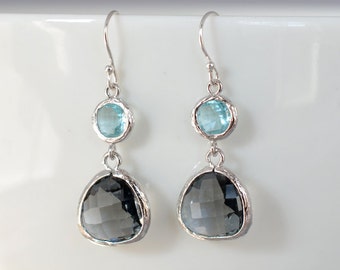 Aquamarine earrings, Black Diamond earrings,Silver earrings,Clip earrings,Wedding jewelry,Bridal earrings,Christmas gift,Birthstone,tmj00247