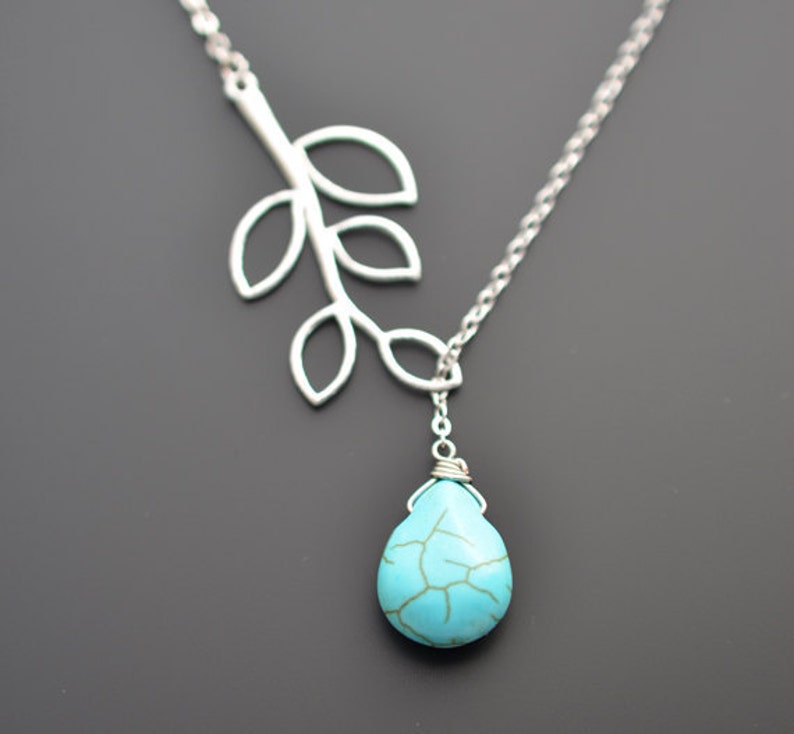 Turquoise necklace, Turquoise lariat necklace, Bridal jewelry, Tree necklace, Anniversary gift, Christmas gift, Bridesmaid gift, tmj00101 image 2
