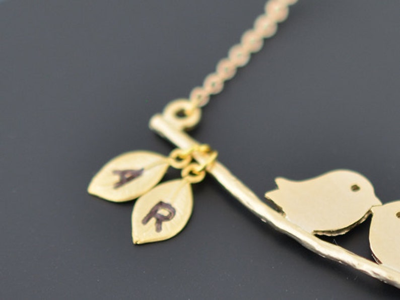 Personalized initial a kissing birds on branch gold necklace.Mother Gift,