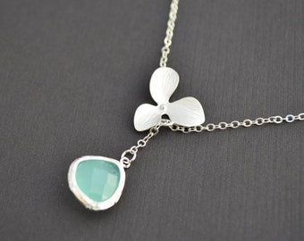 Orchid necklace, Aqua blue necklace, Lariat necklace, Wedding necklace, Bridesmaid gift, Anniversary gift,Flower necklace,tmj00237