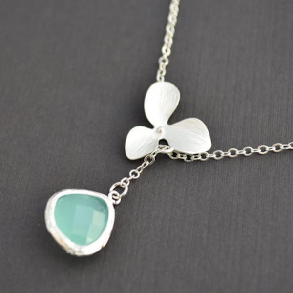 Orchid necklace, Aqua blue necklace, Lariat necklace, Wedding necklace, Bridesmaid gift, Anniversary gift,Flower necklace,tmj00237