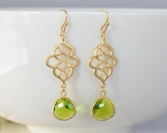 Peridot earrings,Gold earrings, Oriental earrings, Clip earrings, Wedding earrings, Bridal jewelry,Christmas gift,Cocktail jewelry