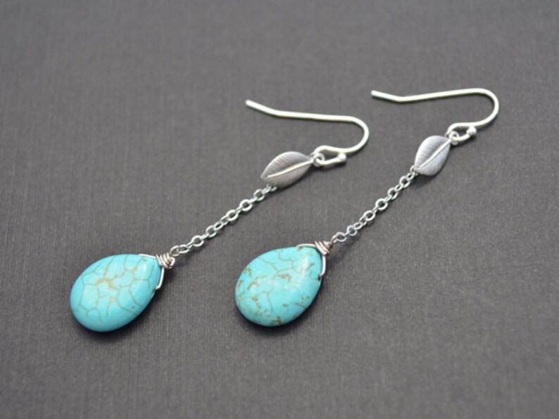 Leaf earrings, Turquoise earrings, Silver earrings, Anniversary gift, Earrings set, Necklace set, Lariat necklace, tmj00038Mother Gift, image 1