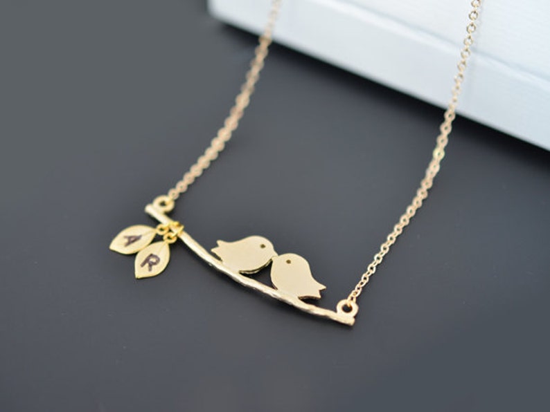 Personalized initial a kissing birds on branch gold necklace.Mother Gift,