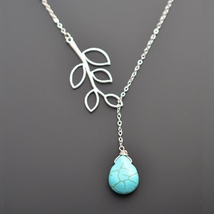 Turquoise necklace, Branch necklace, Silver necklace, Lariat necklace,  Anniversary, tmj00004Mother Gift,,Christmas gift