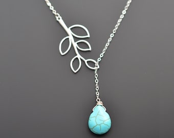 Turquoise teardrop and branch silver lariat necklace - Bridal jewelry, Wedding, Anniversary,Mothers day,Christmas Necklace,tmj00052