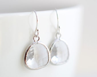 Simple earrings, Clear earrings, Crystal earrings, Silver earrings, Clip earrings, Wedding earrings, Bridal jewelry, Christmas gift