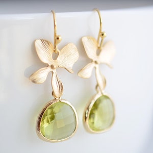 Orchid earrings, Peridot earring, Gold earrings, Wedding jewelry, Bridal earrings, Clip earrings, Flower earrings, tmj00209Mother Gift, image 1
