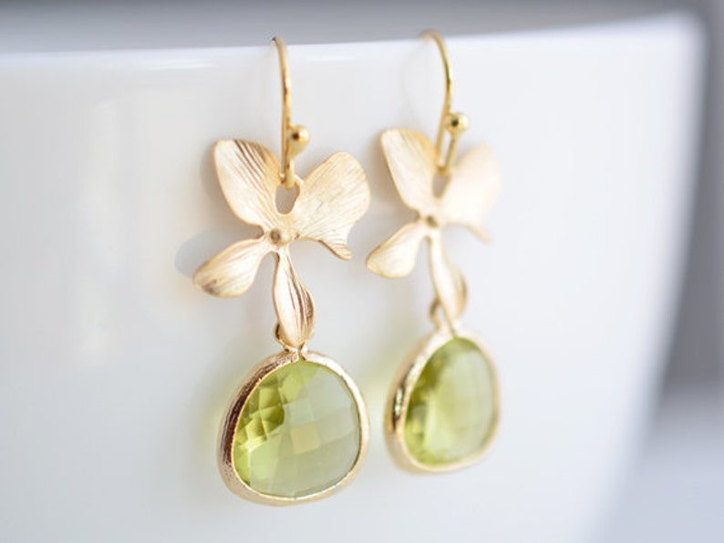 Orchid earrings, Peridot earring, Gold earrings, Wedding jewelry, Bridal earrings, Clip earrings, Flower earrings, tmj00209Mother Gift, image 1