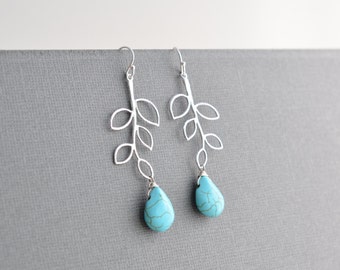 Silver branch and turquoise earrings, Bridal earrings, Everyday earrings, Clip earrings, Leaf earrings,(tmj00076)Mother Gift,,Christmas gift