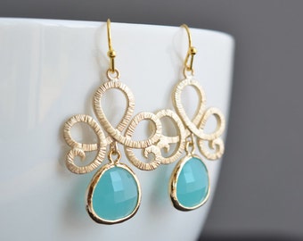 Chandelier earrings, Blue earrings, Gold earrings, Wedding earrings,Bridal jewelry,Cocktail jewelry,Clip earrings,Christmas giftMother Gift,