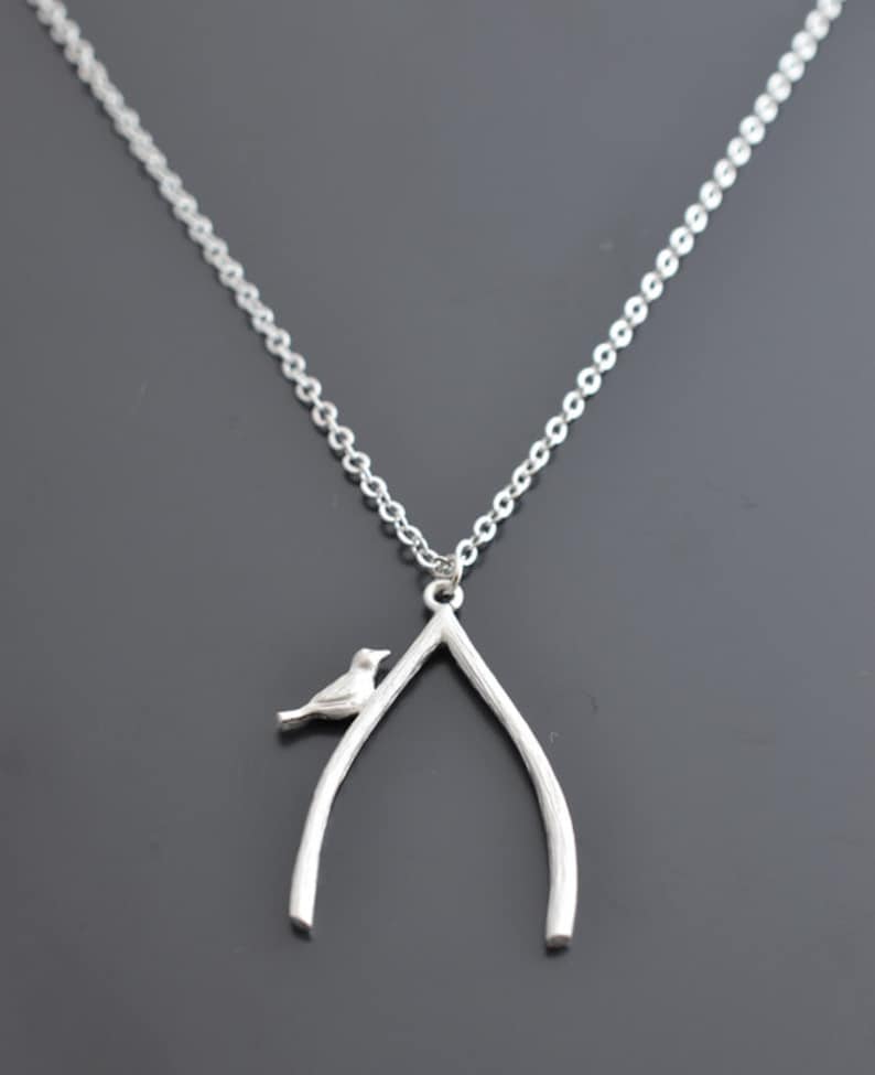 Wishbone necklace, Little bird necklace, Silver necklace, Gift for her, ,Wedding necklace,Bird necklace,Rhodium necklaceMother Gift, image 2