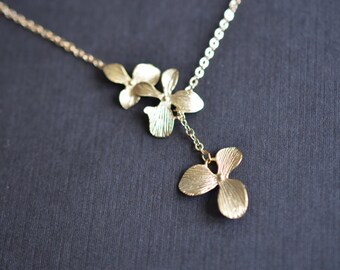 Orchid flower gold lariat necklace , Wedding necklace, Bridal jewelry,Bridesmaid gift,Silver necklace,Anniversary gift,Mother Gift,