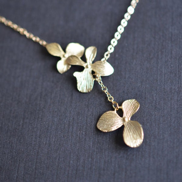 Orchid flower gold lariat necklace , Wedding necklace, Bridal jewelry,Bridesmaid gift,Silver necklace,Anniversary gift,Mother Gift,