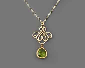 Royal chandelier, Peridot necklace, Gold necklace, Wedding necklace, Bridal jewelry, Glass necklace,Anniversary gift,Christmas gift