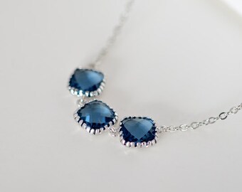 Simple Triple Sapphire Blue necklace, Silver necklace, Wedding necklace, Bridal jewelry, Bridesmaid gift, Anniversary gift, Vintage