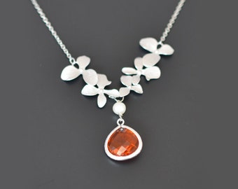 Beautiful orchids pearl and Orange necklace, Silver necklace, Wedding necklace,Flower girl necklace,Bridal necklace,Pearl necklace,tmj00103