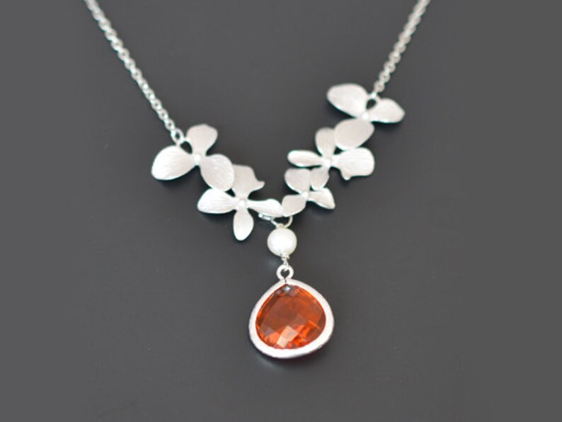 Silver necklace Wedding necklace,Flower girl necklace,Bridal necklace,Pearl necklace,tmj00103 Beautiful orchids pearl and Orange necklace