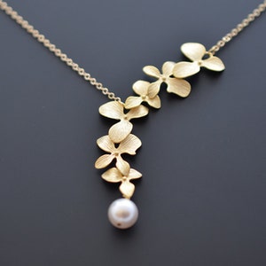 Lariat necklace,Orchid necklace,Pearl necklace,Gold necklace,Wedding necklace,Bridal necklace,Anniversary gift,Mothers gift,tmj00073